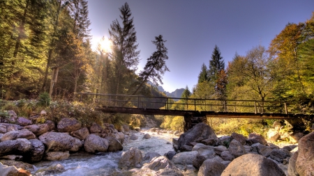 foot bridge over rocky mountain river hdr - mountain, forest, river, sun, hdr, bridge, rocks