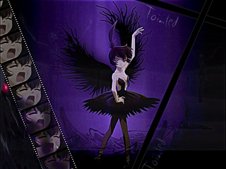 Tainted - dark hair, black dress, wings, princess kraehe, pretty, princess tutu, anime, villian, ballerina