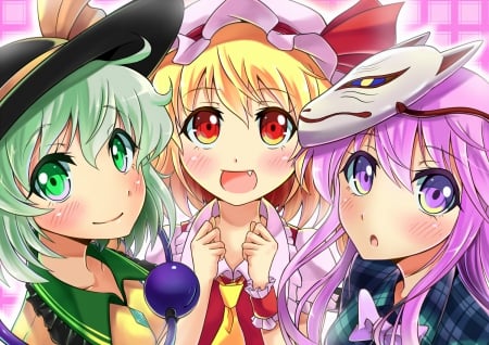 Look At That!!! - anime, flandre scarlet, hats, green eyes, long hair, fang, purple eyes, red eyes, short hair, touhou, mask, komeiji koishi, hata no kokoro, friends, bow