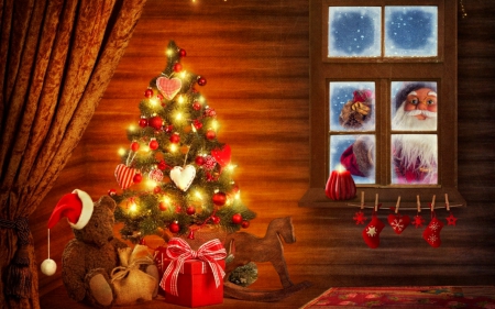 Happy Holiday - santa, wondow, tree, christmas, lights