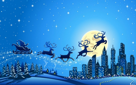 Christmas eve - city, moon, christmas, sleigh