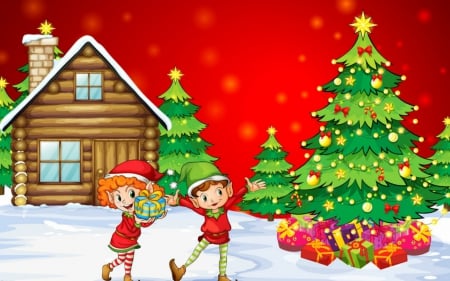 Happy Holiday - children, house, tree, christmas, snow