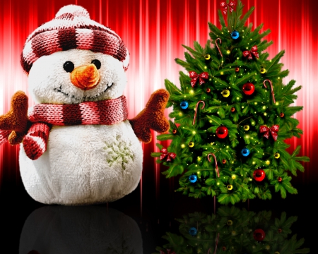 Christmas background - funny, winter, cute, joy, snowman, christmas, mood, smiling, decoration, holiday, background, balls, tree, new year, colorful