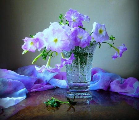 Petunia - freshness, bleu, still life, vase, nature, crystal, purple, floral, table, petunia, flowers, garden