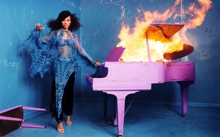 Alicia Keys - artist, woman, girl, music, singer, fire, flame, piano, alicia keys, situation, pink, blue, orange