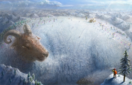 Fantasy - winter, sheep, anime, blue, manga, art, white, fantasy, tree