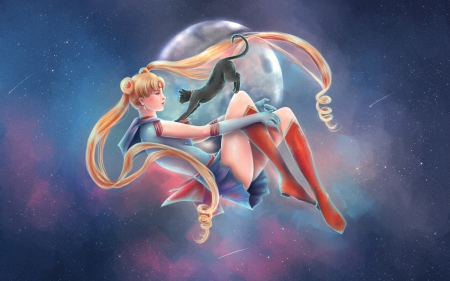 Usagi and Luna - cat, girl, usagi, black, fantasy, sailor moon, art, pink, red, blue, anime, luna, manga