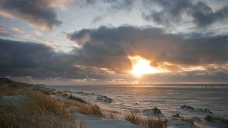 sand dunes at sunset - clouds, dunes, sunset, beach, sea