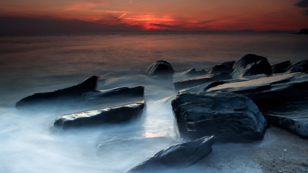 rocky shore at red twilight - red, twilight, shore, sea, rocks