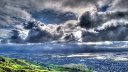 magnificent panoramic view of seaside city hdr - panorama, clouds, view, city, sea, mountain, hdr