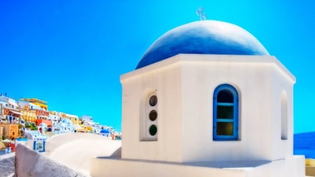 blue church dome in satorini greece - hill, sky, dome, town, church