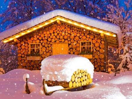 Winter house - branches, cottage, trees, wooden, winter, snowflakes, evening, woods, beautiful, snow, dusk