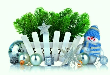 Happy holidays - abstract, snowman, winter, globes, blue, stars, happy, tree, silver, cute, ornaments, Christmas, wallpaper, other