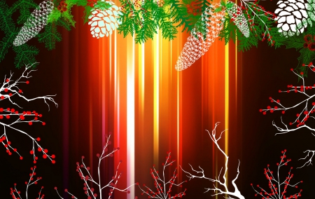 Merry Christmas! - berry, branch, cone pine, fir, white, yellow, merry christmas, red, orange, green, by cehenot, tree