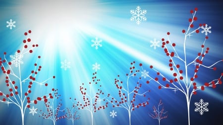 Winter sun - red, berry, winter, snowflakes, sun, by cehenot, vector, christmas, blue, white, tree