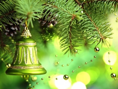 Christmas  bell - abstract, beautiful, holidays, bell, tree, colorful, green, ornaments, background, Christmas, other