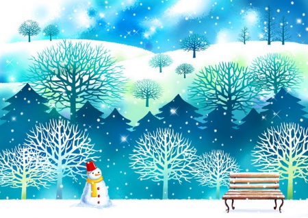 Winter - pretty, trees, snowman, winter, snowflakes, beautiful, rest, christmas, nature, cold, cute, frost, bench, snowfall