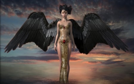 Dark angel - black, fantasy, woman, wings, girl, dark angel