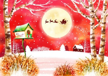 Santa's coming - cottage, sky, trees, peaceful, coming, calm, santa, quiet, pretty, sleigh, deers, birch, holiday, house, birdhouse, moon, branches, ride, landscape, winter, lovely, christmas, serenity, village, red, snow, beautiful