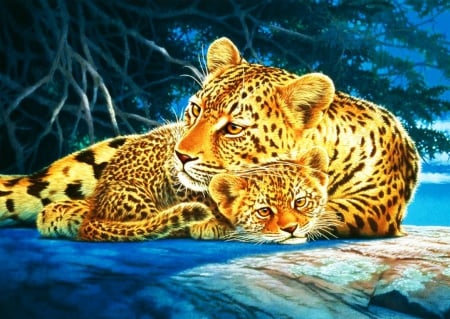 Leopards - cub, predator, artwork, wilderness, cats, wildlife