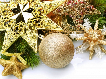 Golden decorations - globe, abstract, photography, holidays, stars, happy, tree, decorations, golden, Christmas