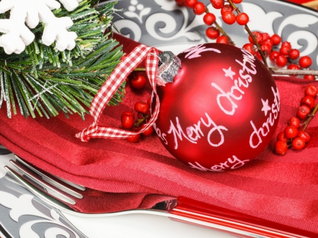 Meryy Christmas - fork, photography, merry, still life, christmas, celebration, holidays, abstract, red, festive, table, globe, tree, plate