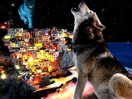 Magic Wolves - spirit, predator, artwork, city, howling