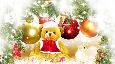 Teddybear's Christmas - decoration, balls, glitter, artwork, teddy