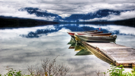 boats on dock of a gorgeous lake hdr - reflections, clouds, boats, hdr, lake, dock, mountains