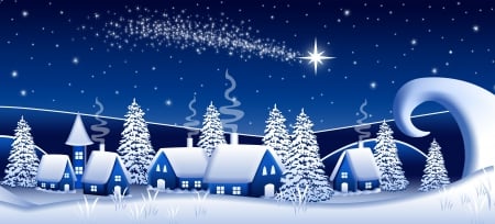 Blue Night - snowy, magic christmas, winter, village, xmas, stars, christmas, blue, winter time, merry christmas, houses, trees, blue night, snow