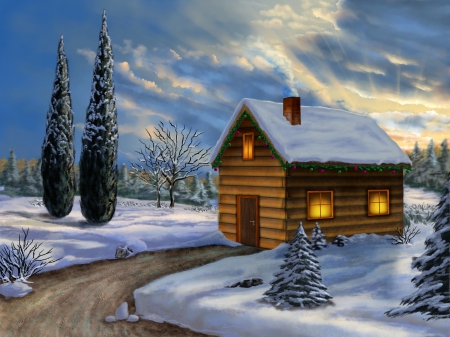 Winter - snowy, magic christmas, path, winter, road, xmas, christmas, winter time, sky, merry christmas, clouds, house, trees