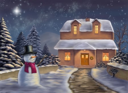 Winter Night - moon, snowman, xmas, trees, night, winter, magic christmas, path, christmas, merry christmas, winter time, alley, snow, house, snowy