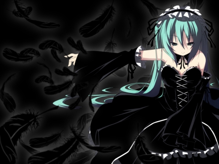 ♫♪Hatsune Miku♪♫ - vocaloid, anime, black dress, hatsune miku, feathers, gothic, lolita