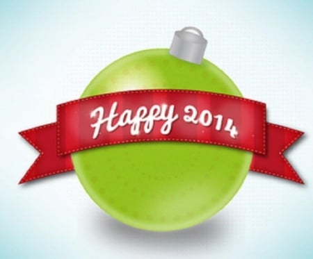 Happy New Year - 2014, red, green, ribbon, ball