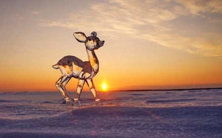 Ice deer - winter, snow, pink, orange, sculpture, ice, sunset, purple, deer, figurine