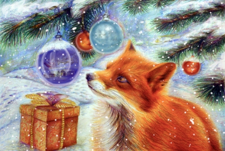 The Fox - drawing, winter, fox, cristmas, animals