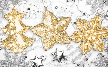 Merry Christmas! - silver, ornament, christmas, decoration, white, fir, golden, star, tree, glitter