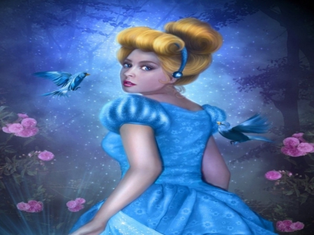 Cinderella - woman, princess, girl, bird, art, yellow, pink, blue, cinderella, disney, flower, blonde