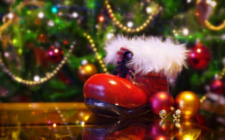 Merry Christmas! - ball, red, lights, ornament, globe, decoration, santa claus, white, fir, golden, fur, boot, tree, green