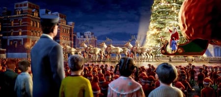 The Polar Express (2004) - movie, santa claus, christmas, the polar express, reindeer, children, red, blue, tree, lights