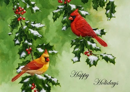 Happy holidays - branches, winter, beautiful, snow, lovely, eve, cardinals, christmas, holiday, new year, cute