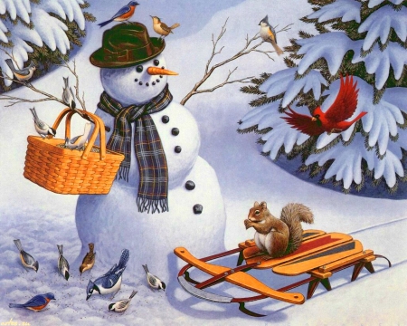 Winter joy - fun, squirrel, smiling, joy, animals, basket, painting, art, cold, sliegh, sleigh, holiday, tree, frozen, birds, snowman, winter, christmas, picinic, snow, beautiful, frost, friends