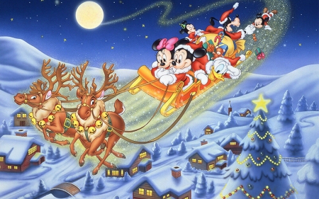 Merry Christmas! - moon, blue, fir, city, tree, santa claus, christmas, mickey mouse, red, reindeer, disney