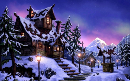 Magic House - mountains, winter, artwork, trees, sunset, stairs, snow