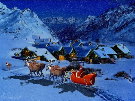 Santa's coming - rise, sky, peaceful, countryside, cottages, santa, painting, art, evening, deers, holiday, dusk, gifts, houses, mountain, winter, night, lovely, christmas, village, snow, beautiful, eve