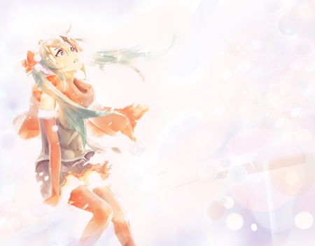 Hatsune Miku - pretty, anime, vocaloid, female, twintail, snow, hatsune miku, green eyes, green hair, long hair, elbow, ribbon, nice, anime girl, game, winter, skirt, beautiful, beauty, cool, sweet, cg, scarf, slobow, miku, awesome, lights, cute, gloves