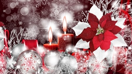 Christmas in Red and White - snowflakes, poinsettias, stars, Feliz Navidad, white, red, candles, decorations, Christmas