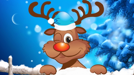 Winking Reindeer - snowflakes, blue, whimsical, snow, tree, Feliz Navidad, flirt, winking, Christmas, reindeer