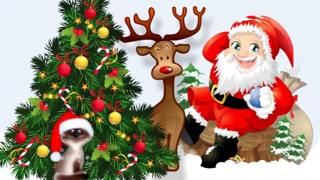 Santas Friends - Santa Claus, whimsical, snow, tree, cat, Feliz Navidad, cute, Christmas, reindeer