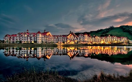 Resort Hotel - clouds, trees, resort hotel, beautiful, reflection, architecture, nature, lights, hotel, lakes, houses, sky